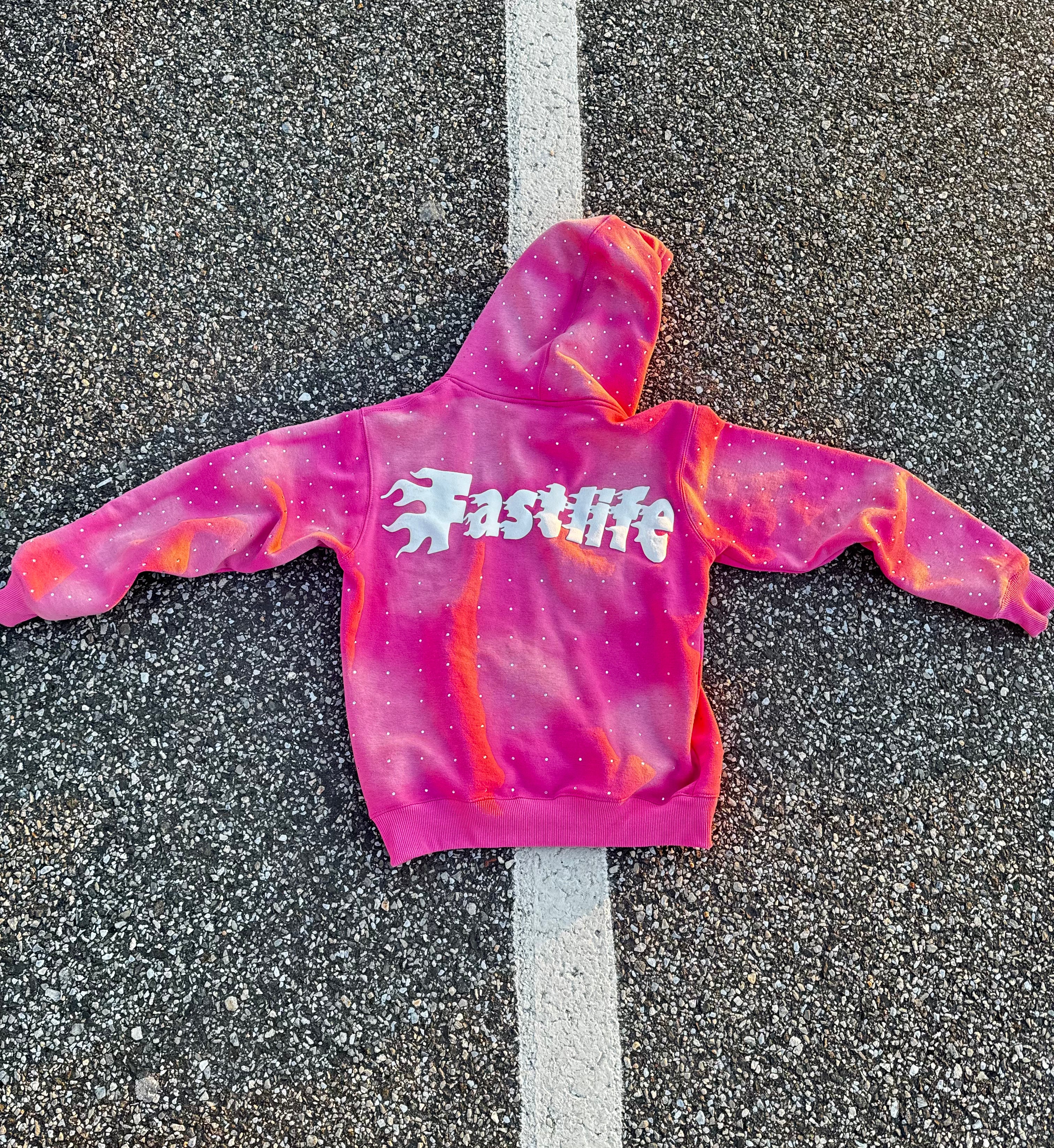 Fast life Rich Off Pain Rhinestone Hoodie (pink)
