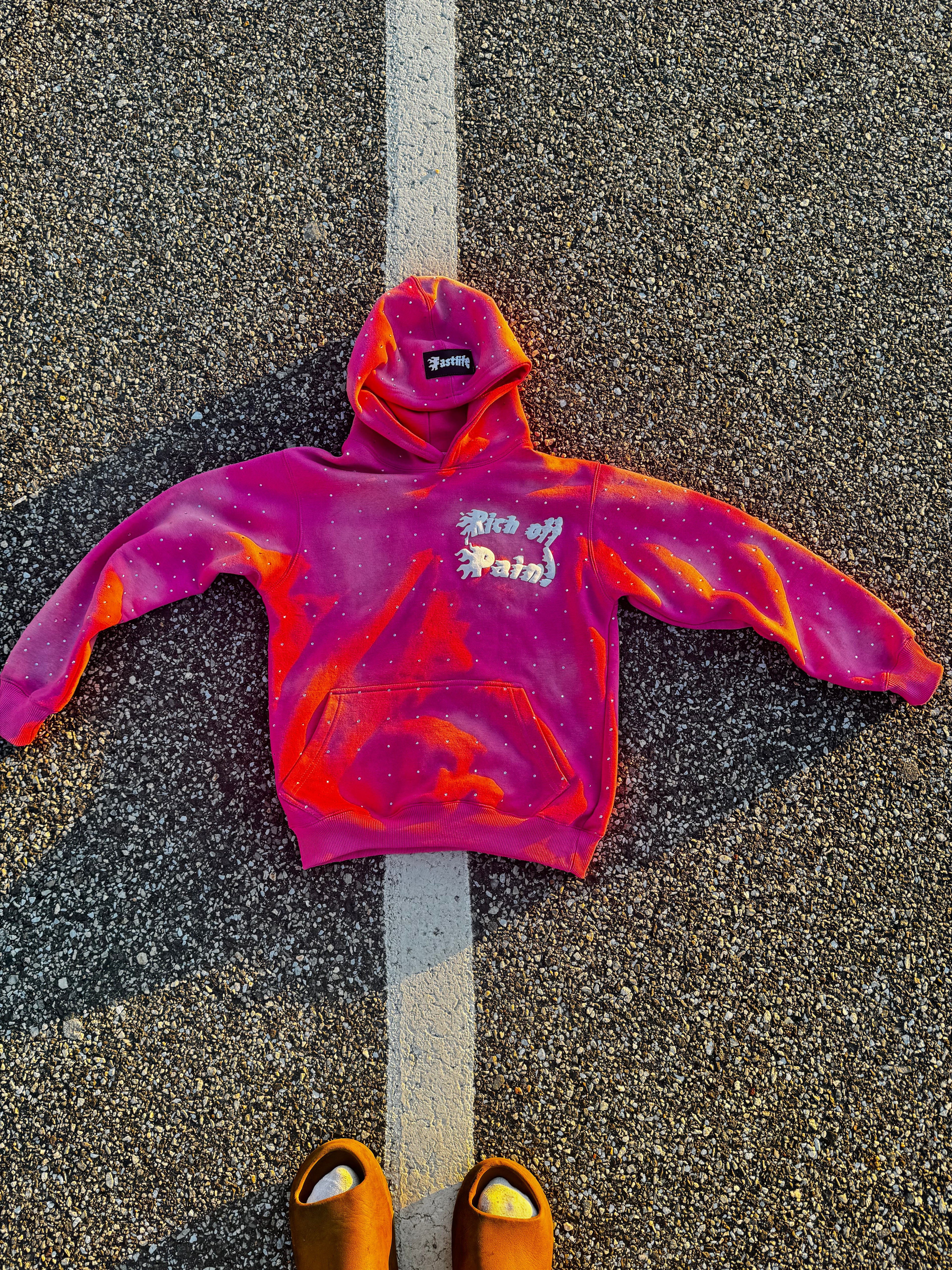 Fast life Rich Off Pain Rhinestone Hoodie (pink)