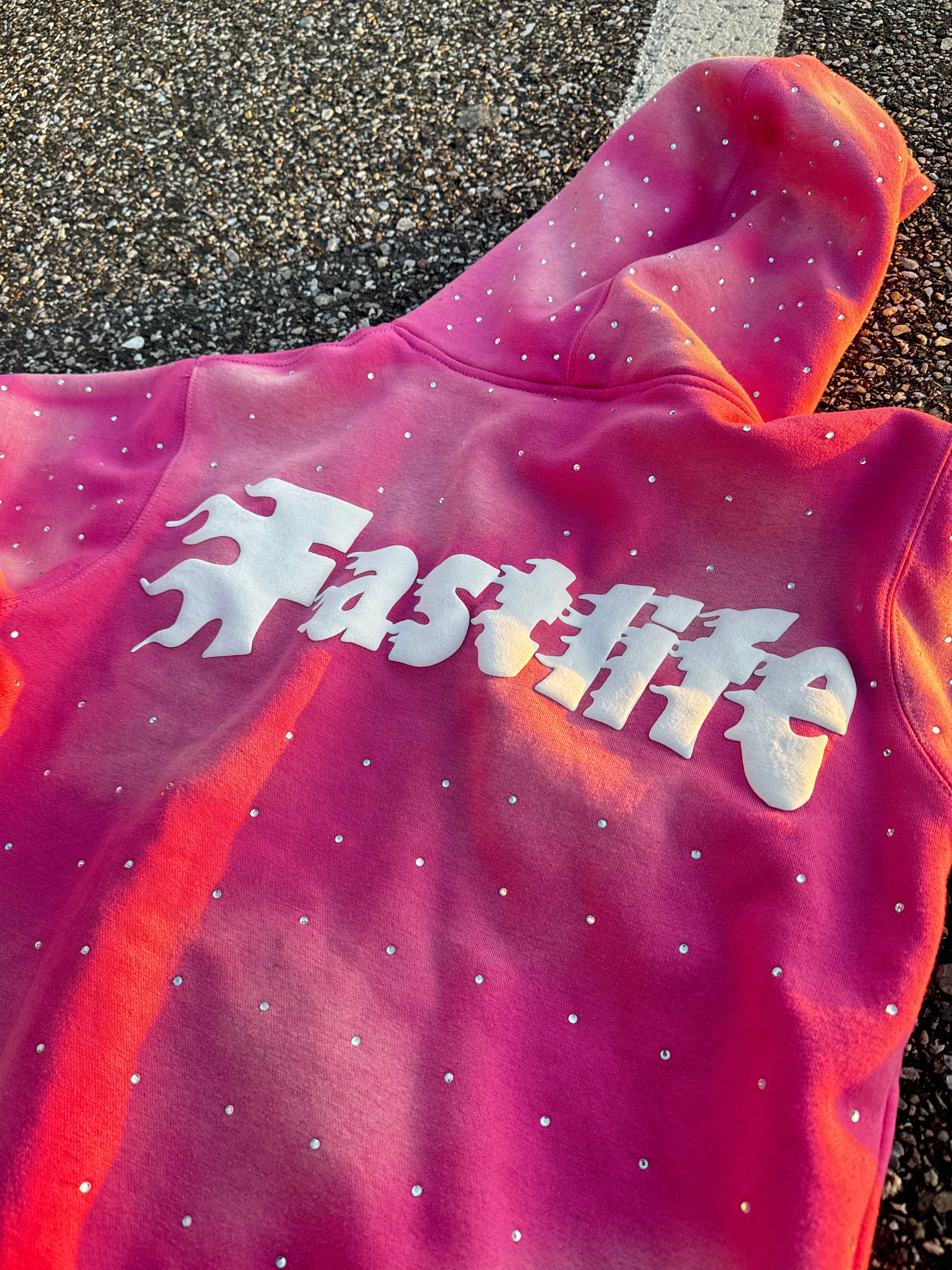 Fast life Rich Off Pain Rhinestone Hoodie (pink)