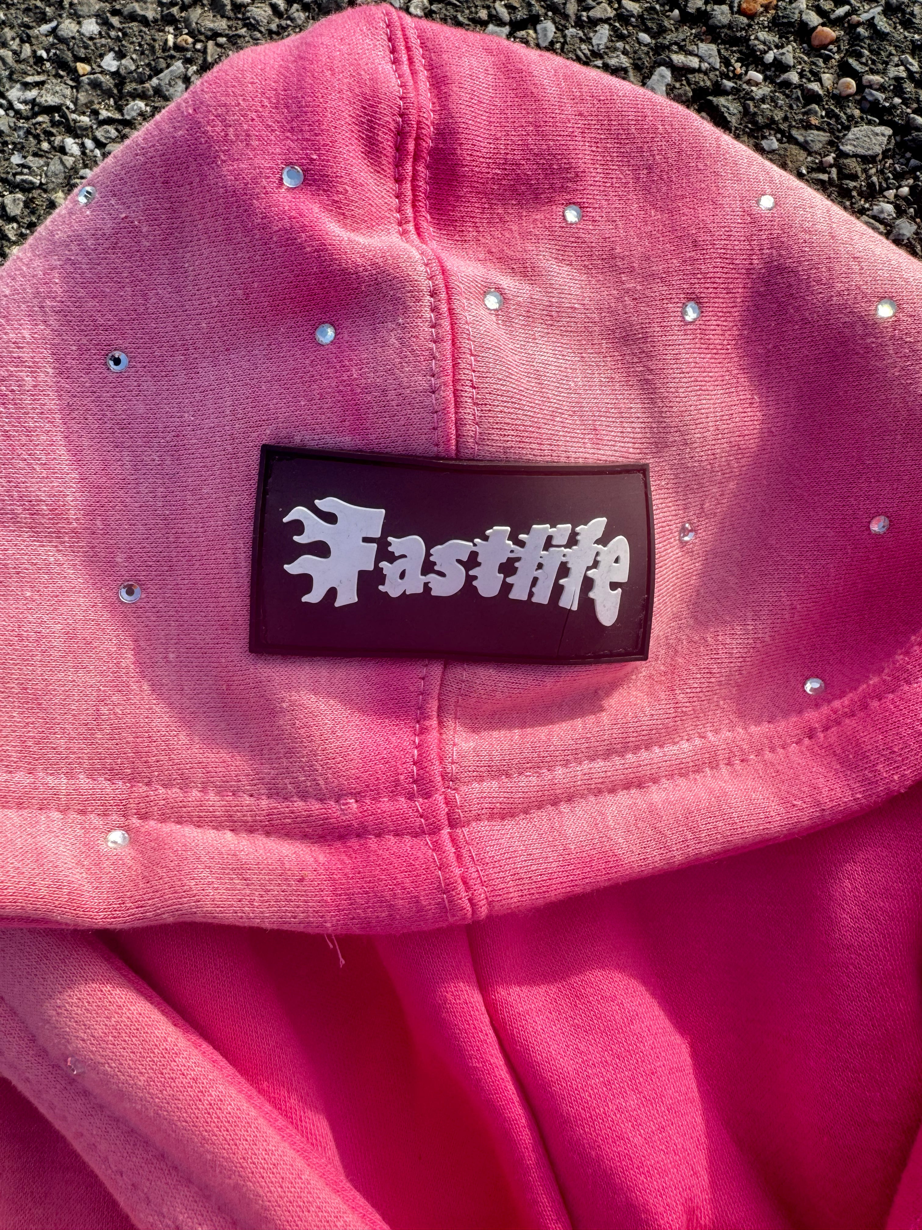 Fast life Rich Off Pain Rhinestone Hoodie (pink)